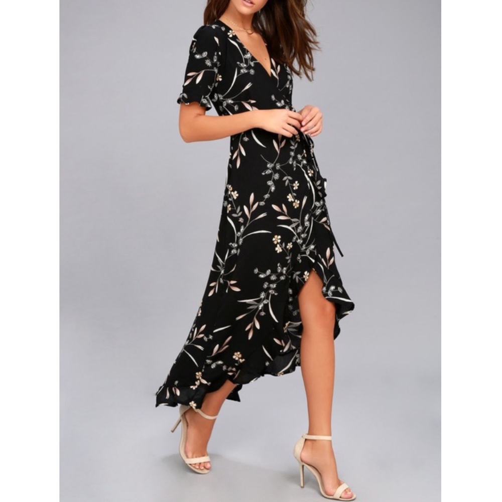COPY - Lulu's Black Floral Print High-Low Wrap Dr…